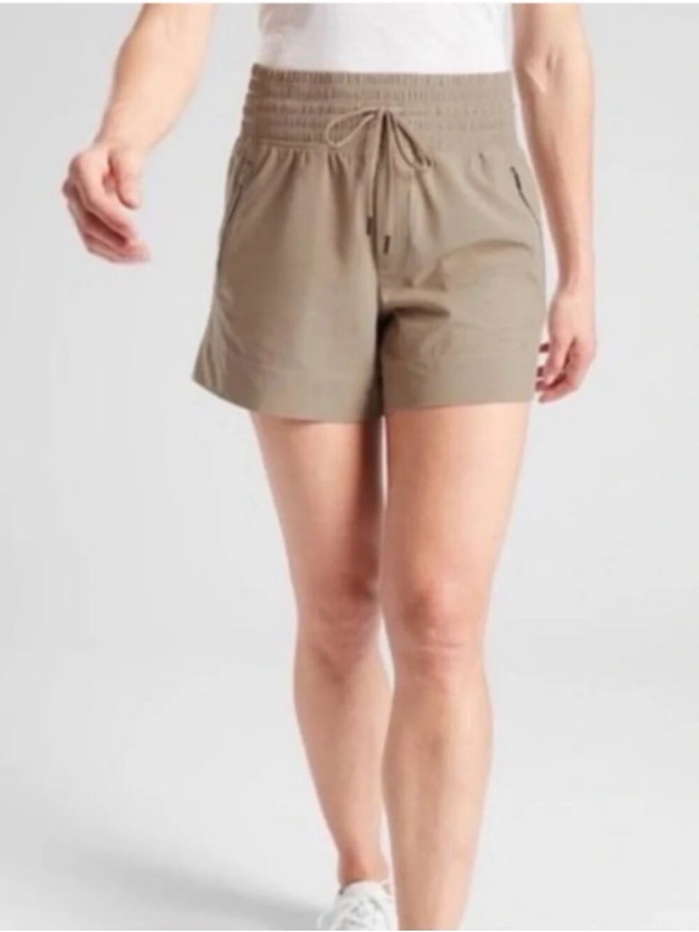 Athleta Tan Athletic Drawstring Shorts with Zip Pockets Size 4